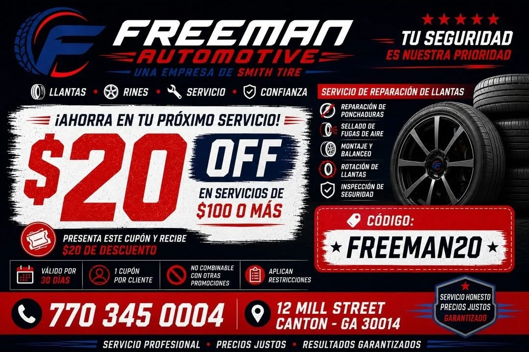 Freeman Automotive flyer promoting twenty dollars off services of one hundred dollars or more