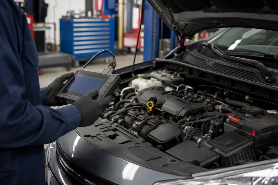 Technician using a diagnostic scanner beside a vehicle engine