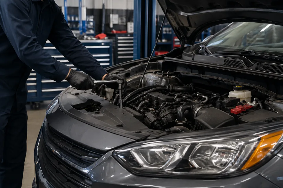 Mechanic performing general under-hood repair on a common vehicle