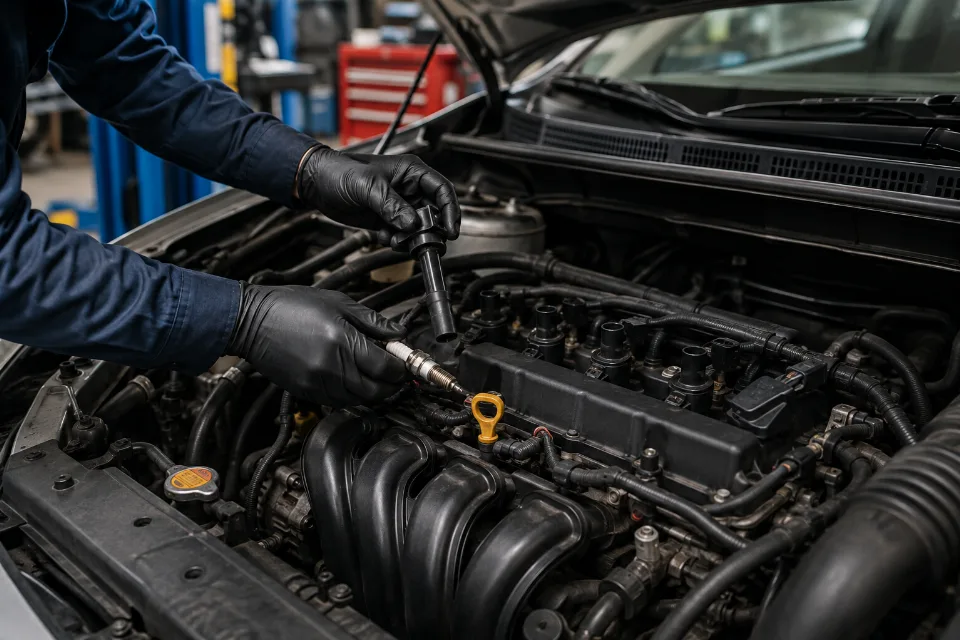 Technician replacing a spark plug during a tune-up